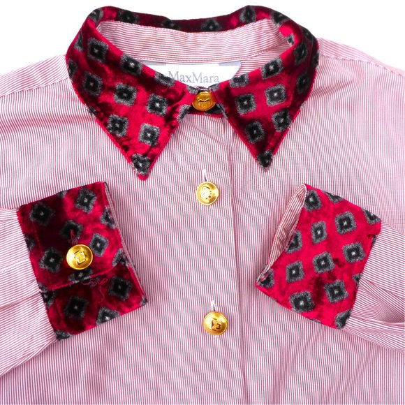 MaxMara Tops - Max Mara Striped Cotton Shirt VeLVeT SiLK Blend Collar & Cuffs Made in Italy US6